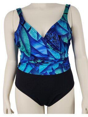 Women's Vintage Jantzen USA Made Blue Abstract Black One-Piece Swimsuit Size 16